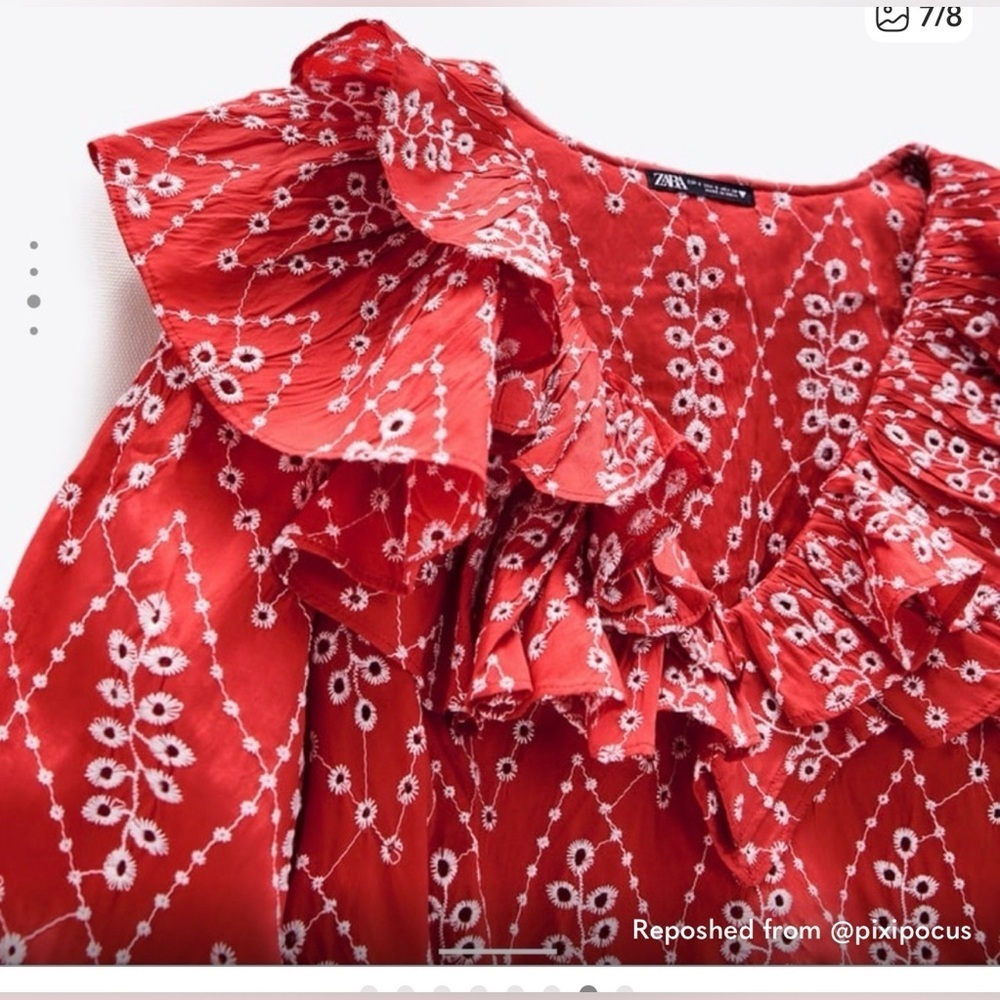 ZARA Openwork Embroidered Ruffle Top in Red, size S - Picture 4 of 9